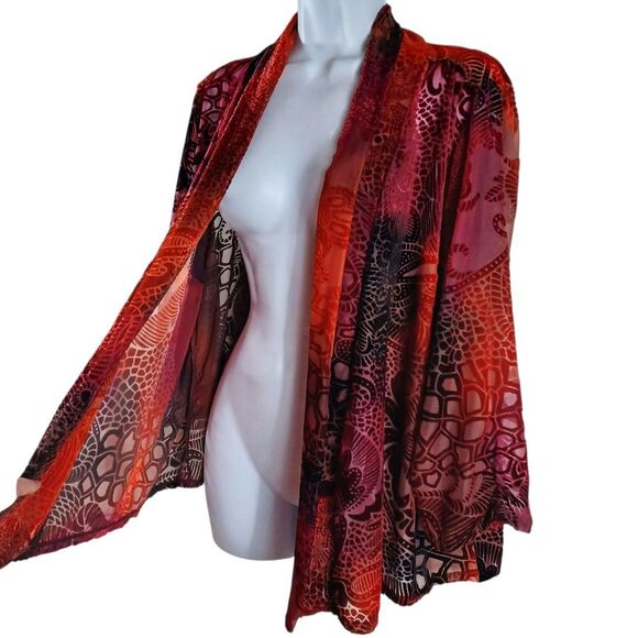 Notations Burnout Velvet Cardigan L Sheer Red Black Ruched Sleeve Boho Layer - Picture 4 of 9